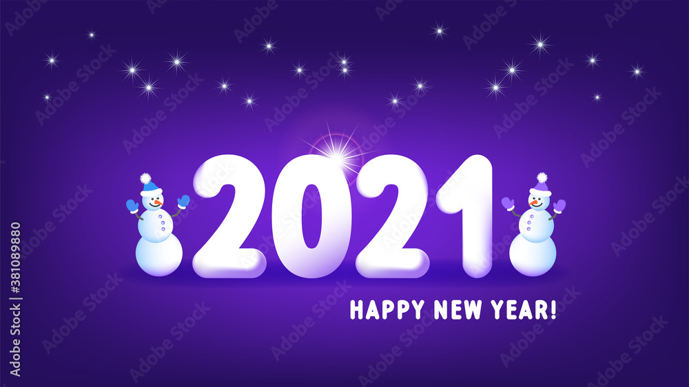 Festive purple poster. Happy new year 2021. Two snowmen and many radiant stars. Bright glow with halo. EPS10 Festive purple poster. Happy new year 2021. Two snowmen and many radiant stars. Bright glow with halo. EPS10