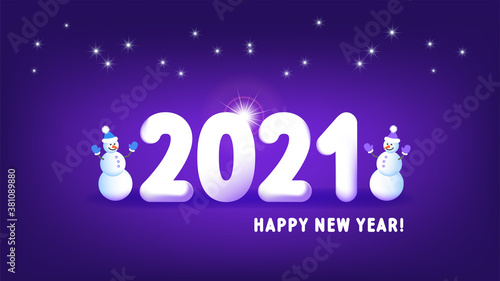 Festive purple poster. Happy new year 2021. Two snowmen and many radiant stars. Bright glow with halo. EPS10