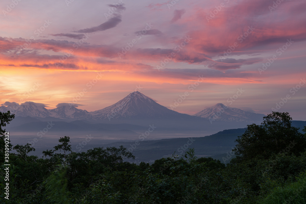 Kamchatka, volcanoes Koryaksky and Avachinsky at sunrise