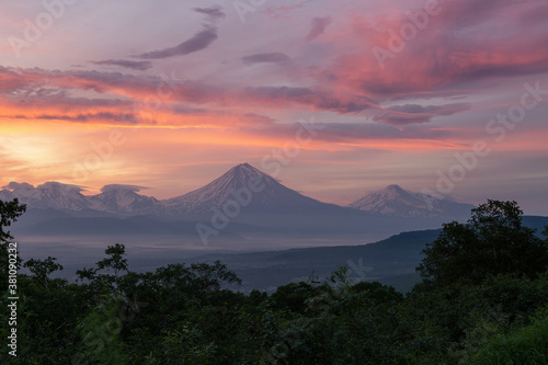 Kamchatka, volcanoes Koryaksky and Avachinsky at sunrise