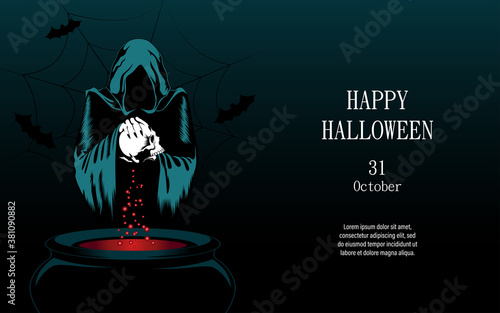 Illustration for Halloween. Vector image of a conjuring witch with a skull. Design elements for postcard, flyer, banner, background.
