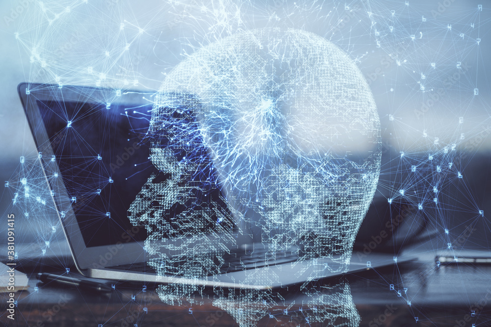 Obraz premium Multi exposure of work space with computer and human brain hologram. Brainstorm concept.