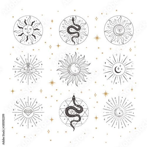 Collection of vector Sacred Sun and Moon logo design templates and elements, detailed decorative illustrations and icons for various ocasions and purposes. Trendy Line drawing, lineart style