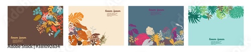 Set of template tropical collection  with flowers and leaves isolated elements on background and space for text. Vector illustration