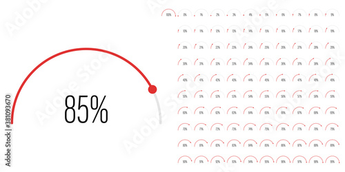Set of semicircle percentage diagrams meters from 0 to 100 ready-to-use for web design, user interface UI or infographic - indicator with red