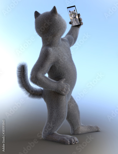 Anthropomorphic gray cat standing with a smartphone as selfie-taker against the blue sky. Vertical 3d render.