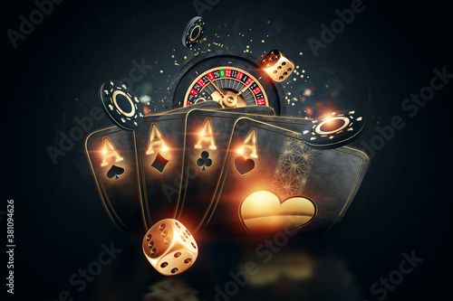 Stampa su tela Creative poker template, background design with golden playing cards and poker chips on a dark background
