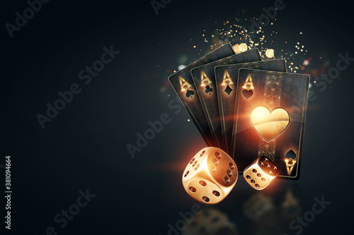 Creative poker template, background design with golden playing cards and poker chips on a dark background. Casino concept, gambling, header for the site. Copy space, 3D illustration, 3D render. photo