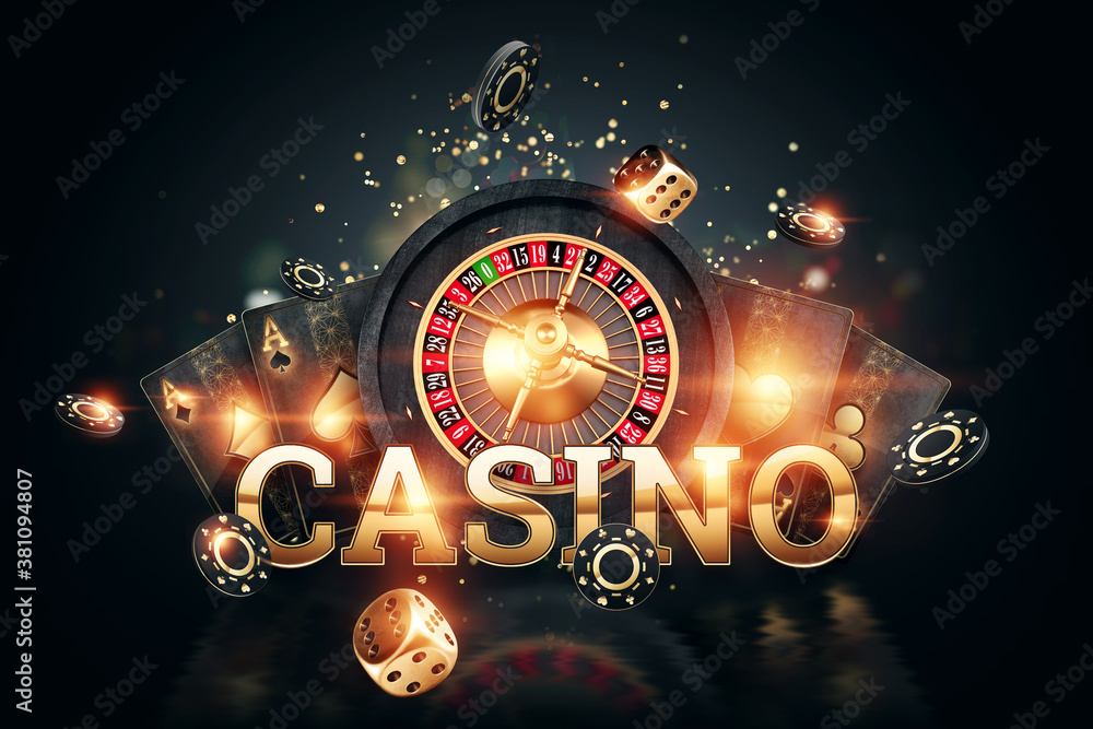 Creative casino background, inscription casino in gold letters playing cards roulette on a dark background. Flyer. Gambling concept, header for the site. Copy space. 3D illustration, 3D render.