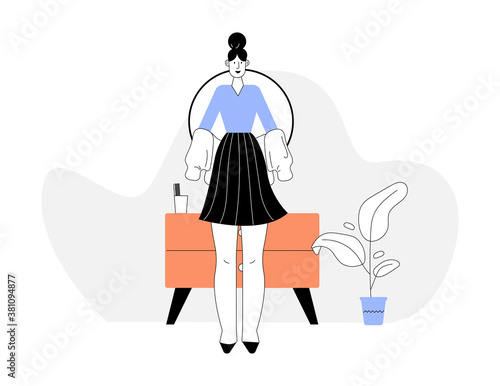 Woman gets dressed in front of mirror, going to work or returning home