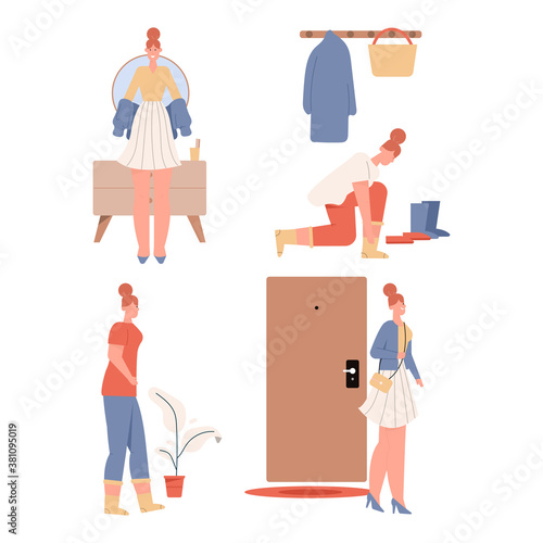Woman getting dressed or undressed scenes set