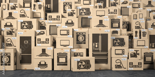 Φωτογραφία Household appliances and kitchen electronics in cardboard boxes in warehouse