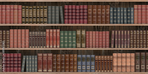Vintage books on old wooden shelf. Education concept background. Tiled seamless texture, wallpaper.