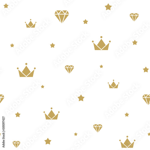 Seamless ornament with golden crowns and diamonds on white background.