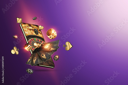 Canvas Print Creative background, online casino, smartphone with playing cards roulette and chips, black gold background
