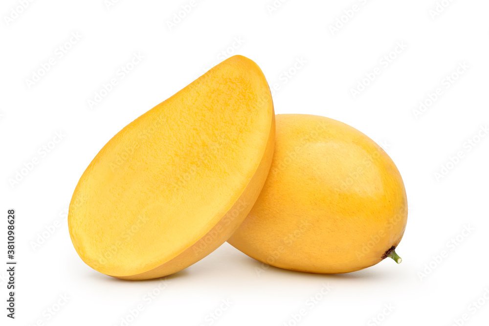 Ripe Mango with cut in half isolated on white background. Clipping path.