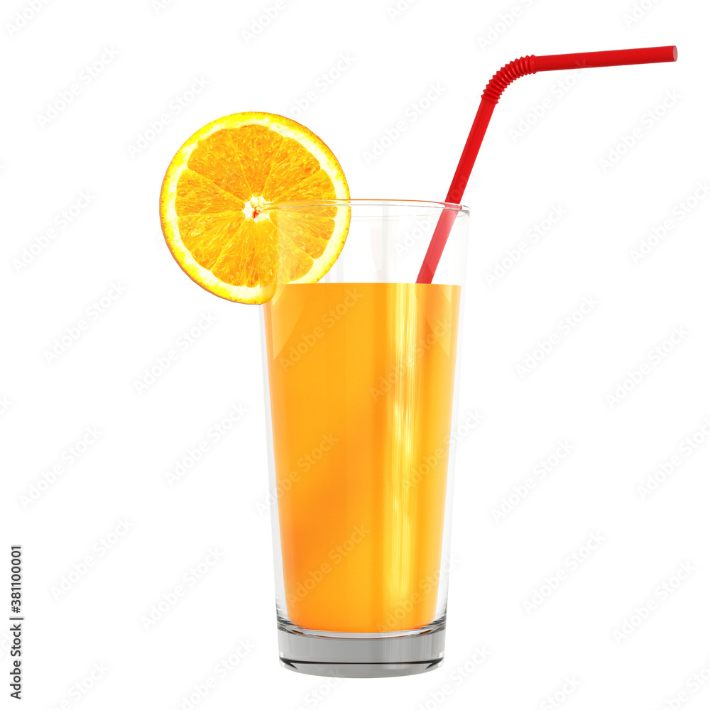A glass of orange juice with a tube and a slice of orange on a white background. Big plan. A glass of orange juice with a tube and a slice of orange on a white background. Big plan.