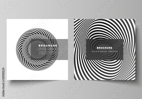 The minimal vector layout of two square format covers design templates for brochure, flyer, magazine. Abstract 3D geometrical background with optical illusion black and white design pattern. © Raevsky Lab