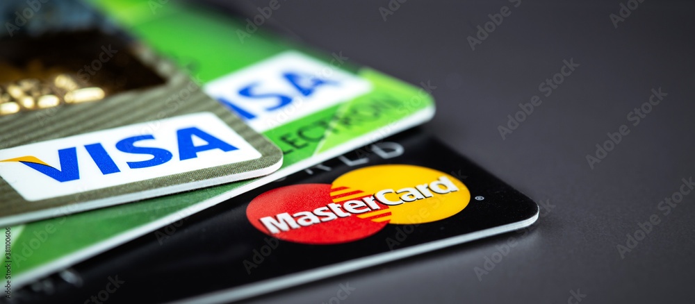Visa, Visa Electron, Master Card - bank, credit cards closeup. MasterCard  Worldwide is an American multinational financial services corporation.  Moscow, Russia - September 25, 2020 Stock Photo | Adobe Stock