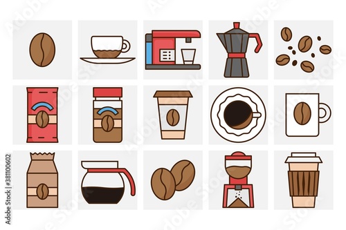 Colorful coffee icon set. 15 flat style web signs. Vector illustration isolated on white background.