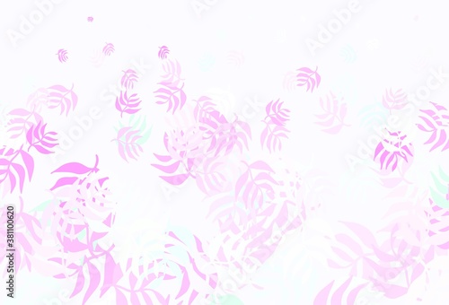Light Pink, Green vector doodle background with leaves.