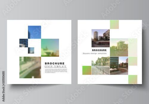 Vector layout of two square format covers design templates for brochure, flyer, magazine, cover design, book design, brochure cover. Abstract project with clipping mask green squares for your photo.