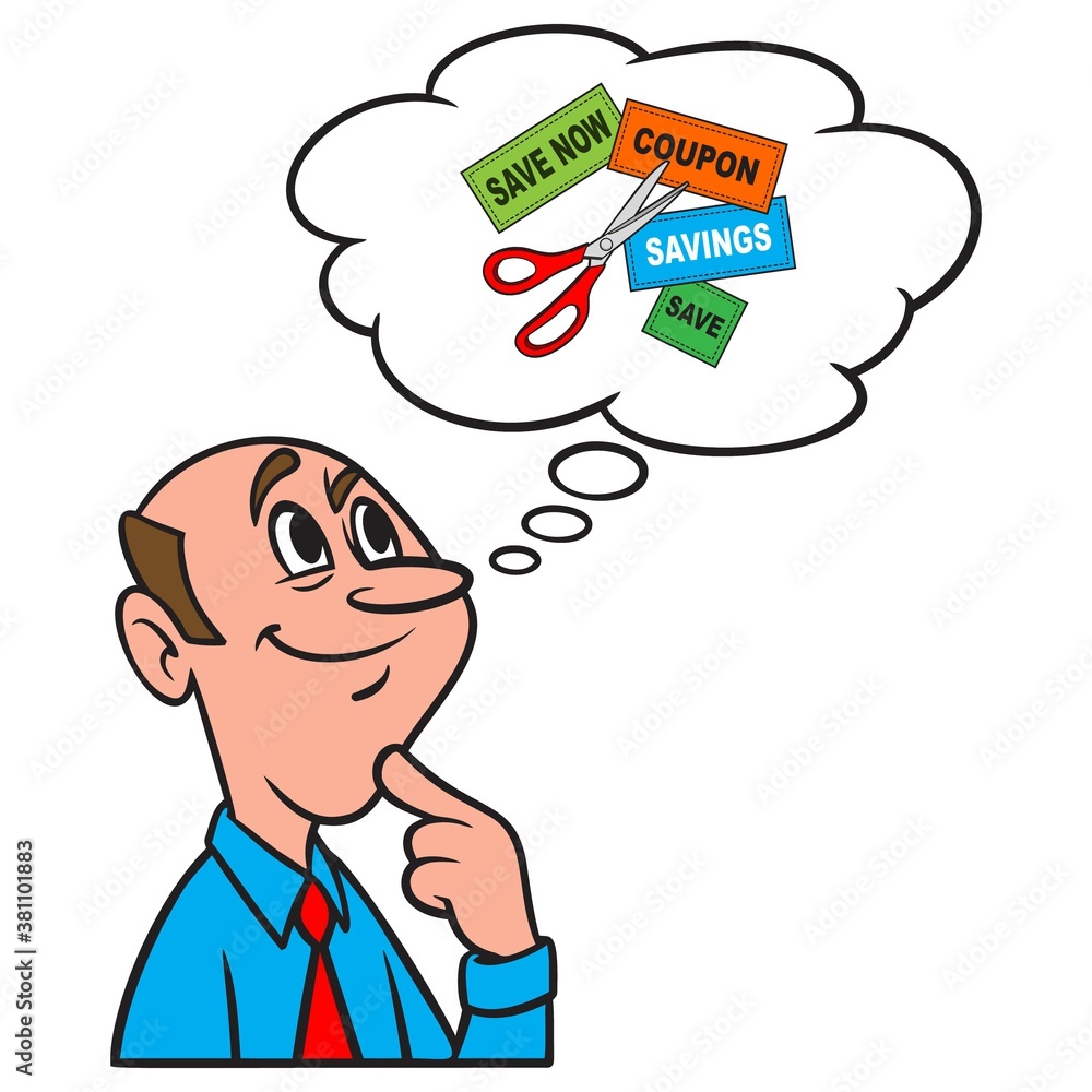Thinking about Coupons - A cartoon illustration of a man thinking about Coupons. Thinking about Coupons - A cartoon illustration of a man thinking about Coupons.