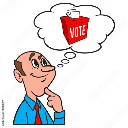 Thinking about the Ballot Box - A cartoon illustration of a man thinking about the Ballot Box.