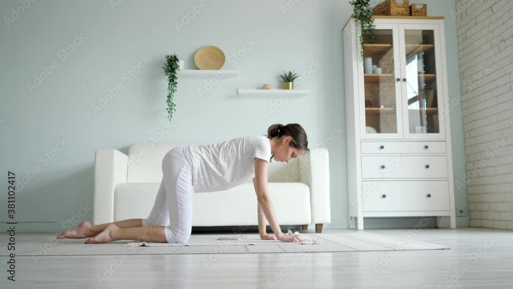 Flexible young pregnant woman with dark ponytail does tiger asana practicing yoga position on floor near sofa in spacious room at home Flexible young pregnant woman with dark ponytail does tiger asana practicing yoga position on floor near sofa in spacious room at home