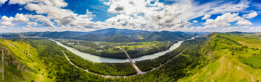 Fototapeta premium Panorama Blue Katun river Altai mountains republic Russia, aerial top view