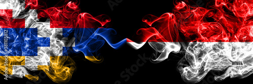 Nagorno-Karabakh, Artsakh vs Indonesia, Indonesian smoky mystic flags placed side by side. Thick colored silky abstract smoke flags