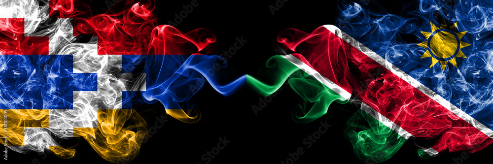 Fototapeta premium Nagorno-Karabakh, Artsakh vs Namibia, Namibian smoky mystic flags placed side by side. Thick colored silky abstract smoke flags