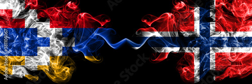 Nagorno-Karabakh, Artsakh vs Norway, Norwegian smoky mystic flags placed side by side. Thick colored silky abstract smoke flags