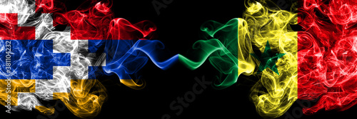 Nagorno-Karabakh, Artsakh vs Senegal, Senegalese smoky mystic flags placed side by side. Thick colored silky abstract smoke flags