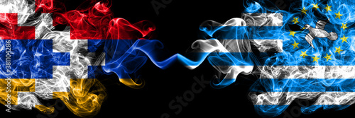 Nagorno-Karabakh, Artsakh vs South Cameroon smoky mystic flags placed side by side. Thick colored silky abstract smoke flags