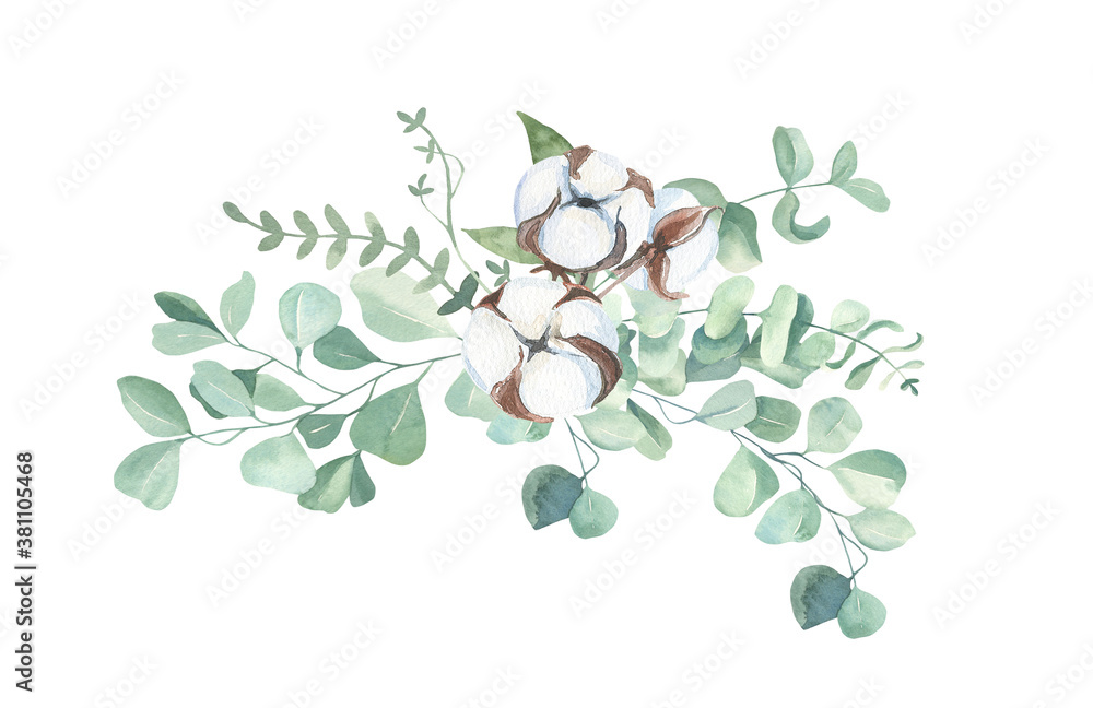 Watercolor floral illustration collection - green leaf brunches, for wedding stationary, wallpapers, greetings, background. Watercolor Eucalyptus, olive, green leaves. . High quality illustration