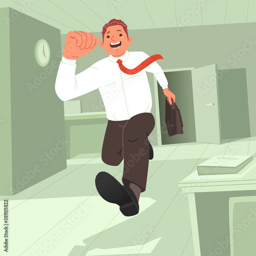 End of the working day. The man happily runs away from work. Unloved occupation. Happy worker hurries home