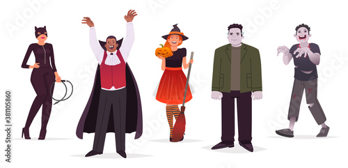 Set of characters men and women dressed in Halloween outfits on a white background. Cat girl, Dracula