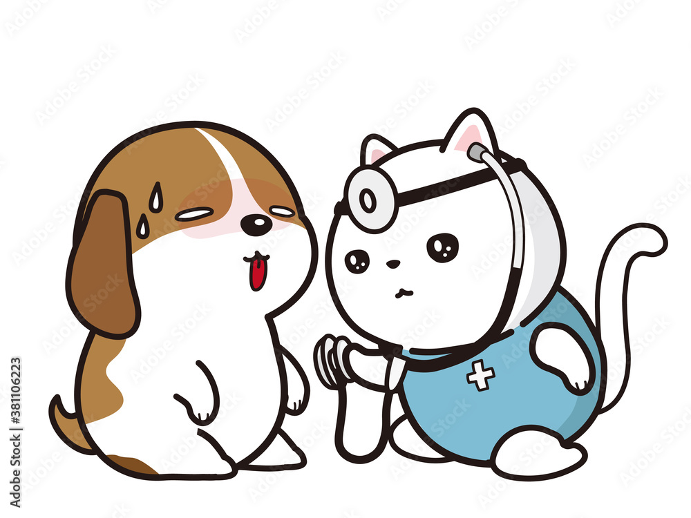 Fototapeta premium 病気の犬と診察をする医者（猫）