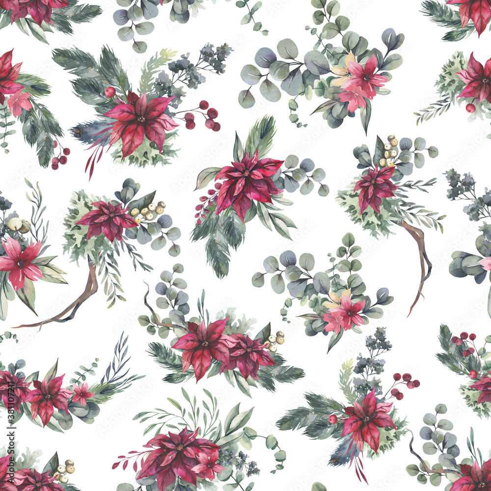 Watercolor floral pattern with different leaves and flowers. Floral seamless pattern on black background. High quality illustration