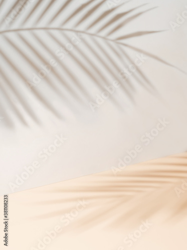 Palm leaf shadows on white wall and cream pastel floor. Abstract background of shadows palm leaves for creative summer mock-up. Neutral tropical palm mockup on light backdrop. Vertical