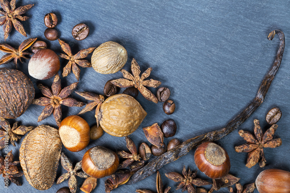 Coffee, cinnamon, vanilla, nutmeg in a chaotic manner on a blue background, food concept. Top view from the top. It is suitable for the background, background, wallpaper, design artwork. Coffee, cinnamon, vanilla, nutmeg in a chaotic manner on a blue background, food concept. Top view from the top. It is suitable for the background, background, wallpaper, design artwork.