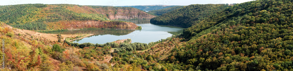 Landscape in national nature park Podilski Tovtry, Studenytsia river is tributary of Dnister river, panoramic view