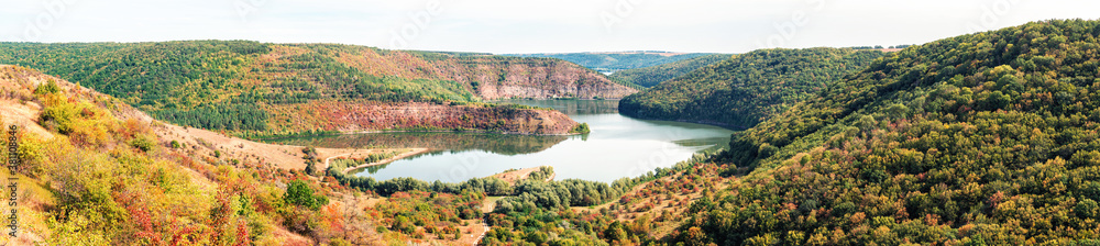 Landscape in national nature park Podilski Tovtry, Studenytsia river is tributary of Dnister river, panoramic view