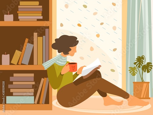 Autumn mood vector flat illustration. Rain outside the window. Fall season nature. Cozy home for autumn. Woman reading a good book and drinking a steaming cup of coffee or tea.