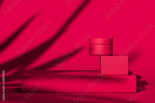 Matte Pink Cream Jar And Box On Pink Background With Exotic Plant Shadow. Blank Template of Beauty Product Container on Pink Showcase. 3d rendering photo