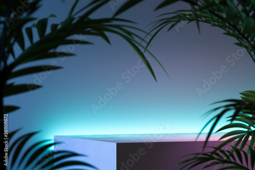 Concrete Foursquare Showcase On Aquamarine Background Near Tropic Leaves. 3d Rendering. Copy Space. Empty Space