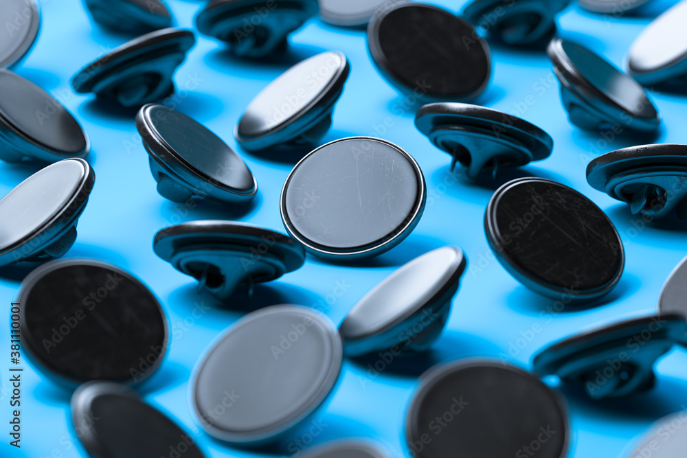 Black Blank Pin Buttons With Empty Space On Light Blue Background. 3d rendering