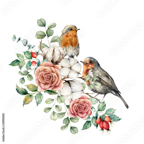 Watercolor card with robin redbreast, cotton, rose, berries and eucalyptus leaves. Hand painted bird and flowers isolated on white background. Floral illustration for design, print or background.