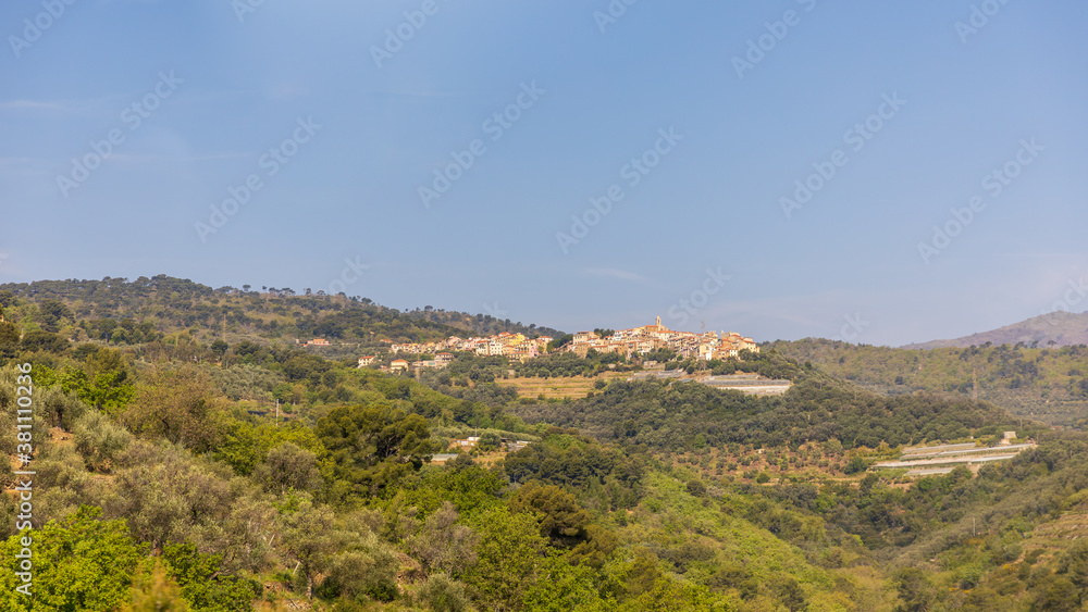 View on a village with buildings and vineyards in Liguria View on a village with buildings and vineyards in Liguria